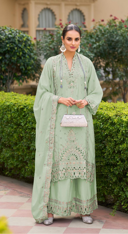 Luxury Pure Chinon Palazzo Suit – Cutwork & Zari Embroidery | Festive & Wedding Wear