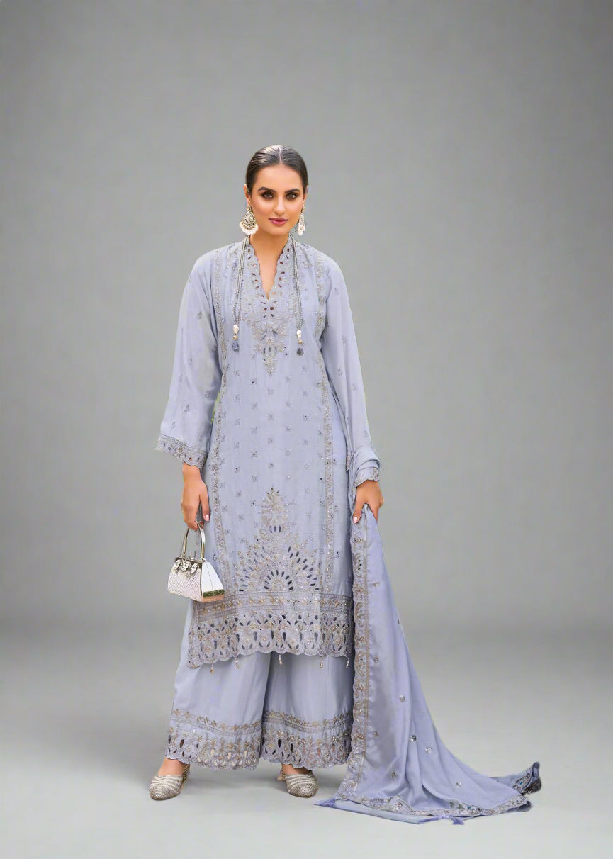 Luxury Pure Chinon Palazzo Suit – Cutwork & Zari Embroidery | Festive & Wedding Wear