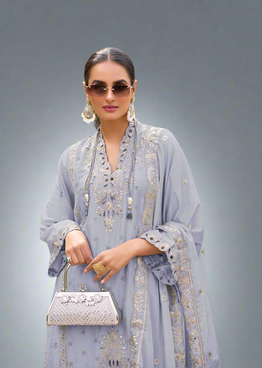 Luxury Pure Chinon Palazzo Suit – Cutwork & Zari Embroidery | Festive & Wedding Wear