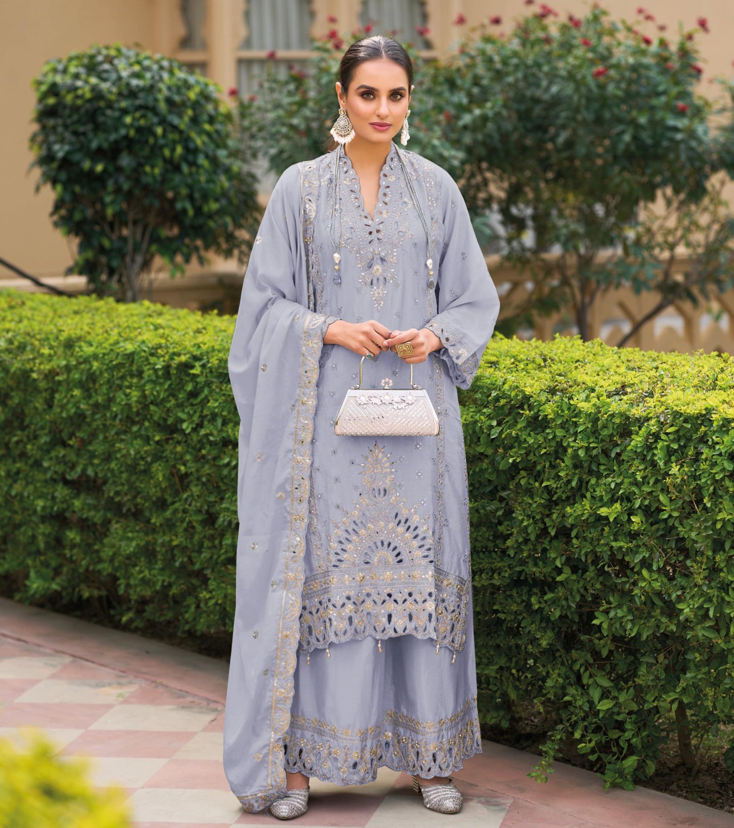 Luxury Pure Chinon Palazzo Suit – Cutwork & Zari Embroidery | Festive & Wedding Wear
