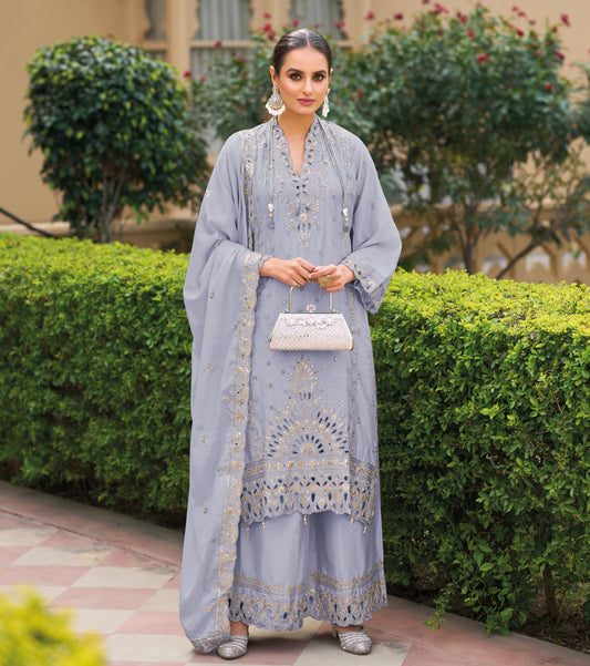 Luxury Pure Chinon Palazzo Suit – Cutwork & Zari Embroidery | Festive & Wedding Wear