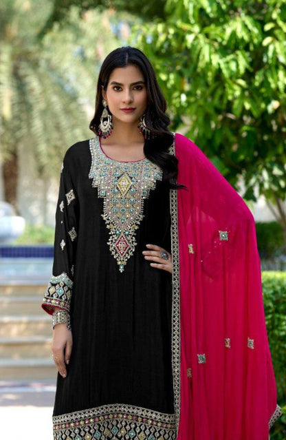 Pure Chinon Contrast Palazzo Suit – Mirror Work & Embroidery | Wedding & Mehndi Outfit