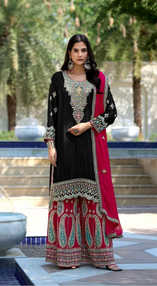 Pure Chinon Contrast Palazzo Suit – Mirror Work & Embroidery | Wedding & Mehndi Outfit