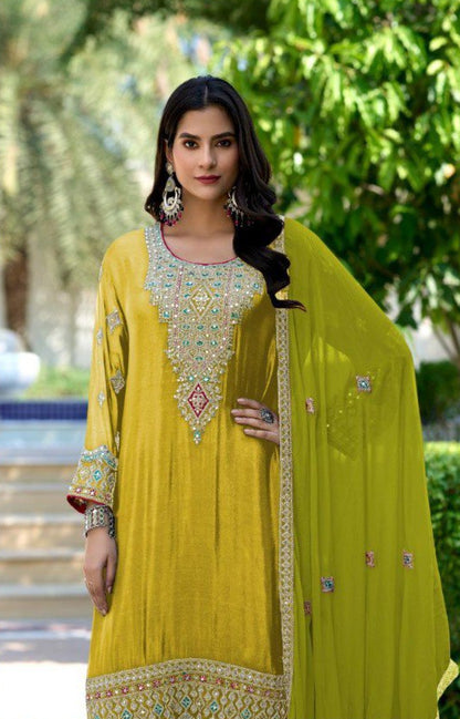 Pure Chinon Contrast Palazzo Suit – Mirror Work & Embroidery | Wedding & Mehndi Outfit