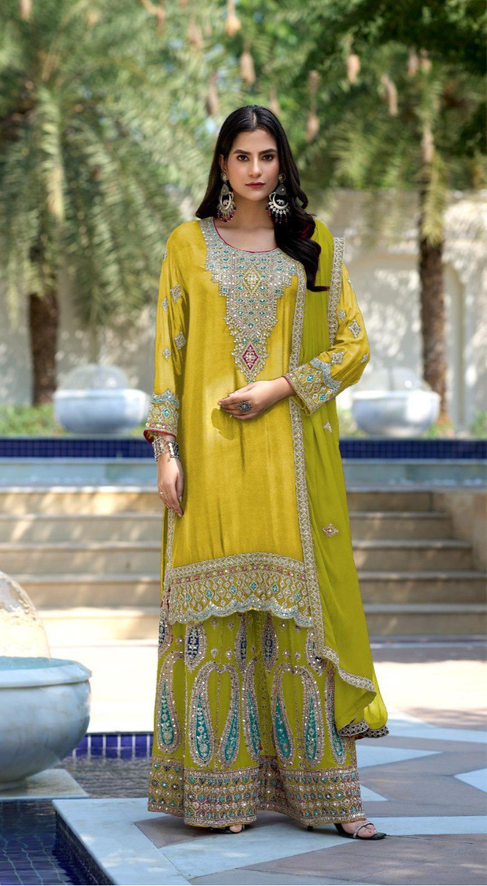 Pure Chinon Contrast Palazzo Suit – Mirror Work & Embroidery | Wedding & Mehndi Outfit