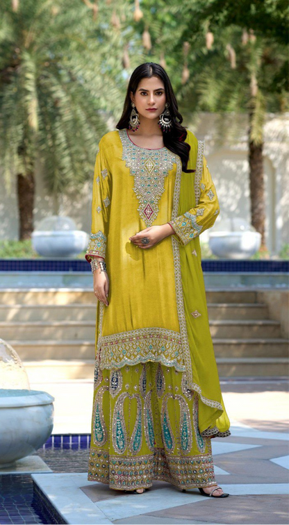 Pure Chinon Contrast Palazzo Suit – Mirror Work & Embroidery | Wedding & Mehndi Outfit