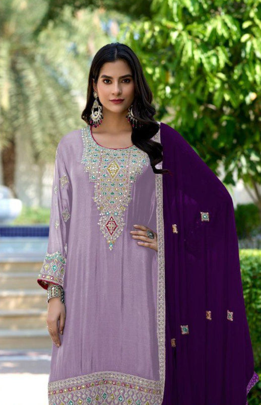 Pure Chinon Contrast Palazzo Suit – Mirror Work & Embroidery | Wedding & Mehndi Outfit