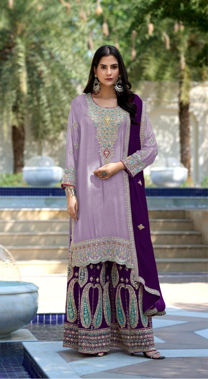 Pure Chinon Contrast Palazzo Suit – Mirror Work & Embroidery | Wedding & Mehndi Outfit
