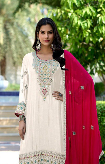 Pure Chinon Contrast Palazzo Suit – Mirror Work & Embroidery | Wedding & Mehndi Outfit
