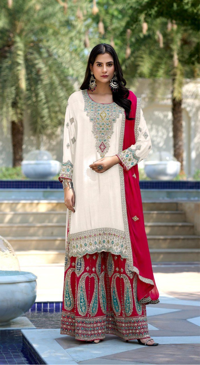 Pure Chinon Contrast Palazzo Suit – Mirror Work & Embroidery | Wedding & Mehndi Outfit