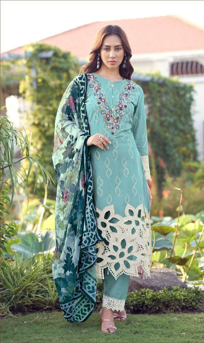 Sadabahar Pure Lawn Embroidered Suit with Chiffon Dupatta | Luxury Lawn Suit