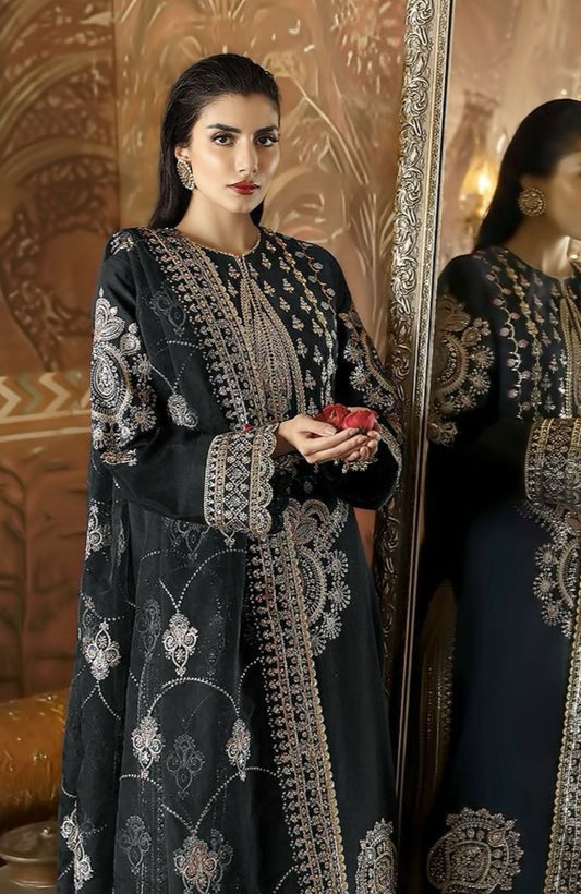 Black Unstitched Georgette Embroidered Suit – Organza Dupatta | Wedding & Festive Wear