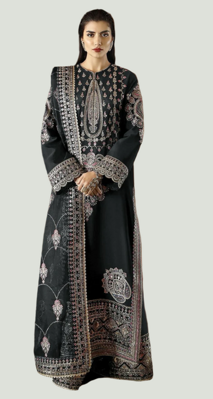 Black Unstitched Georgette Embroidered Suit – Organza Dupatta | Wedding & Festive Wear