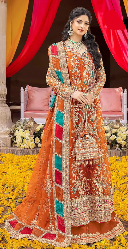 Orange Georgette Unstitched Suit – Multicolor Embroidery & Patchwork | Haldi & Mehndi Wear