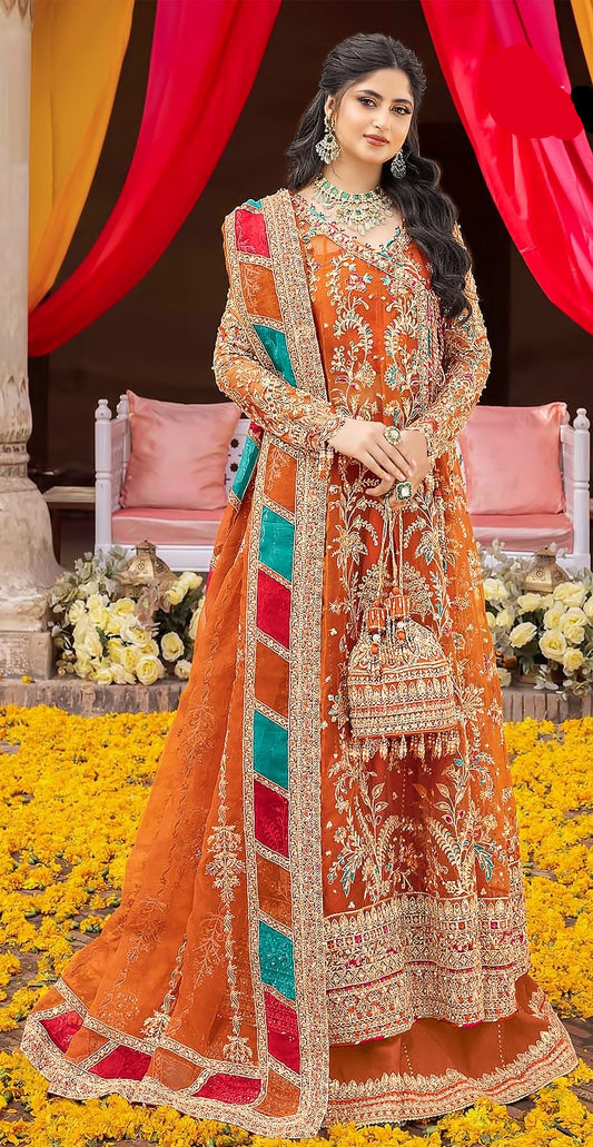 Orange Georgette Unstitched Suit – Multicolor Embroidery & Patchwork | Haldi & Mehndi Wear