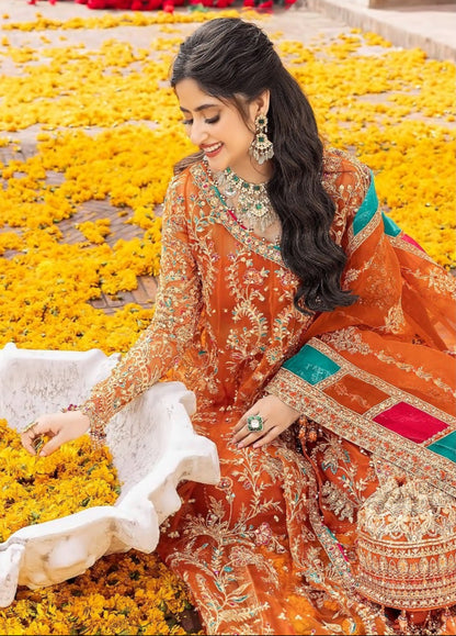 Orange Georgette Unstitched Suit – Multicolor Embroidery & Patchwork | Haldi & Mehndi Wear