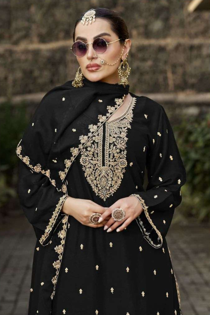 Pure Chinon Embroidered Palazzo Set – Gold Zari, Cutdana & Pearls | Bridal & Wedding Wear