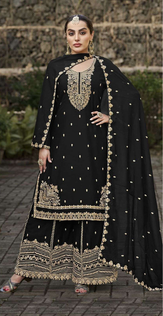 Pure Chinon Embroidered Palazzo Set – Gold Zari, Cutdana & Pearls | Bridal & Wedding Wear
