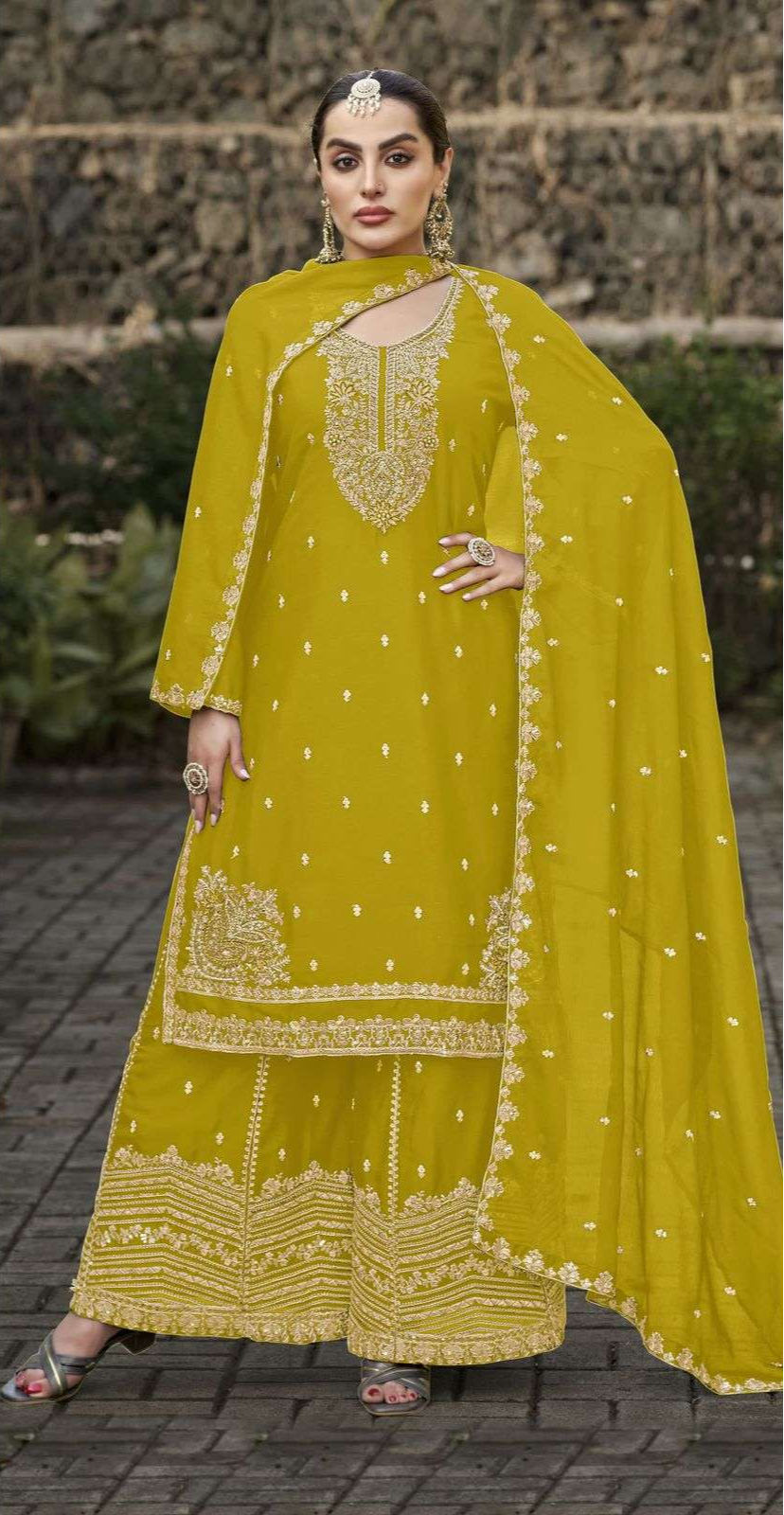Pure Chinon Embroidered Palazzo Set – Gold Zari, Cutdana & Pearls | Bridal & Wedding Wear