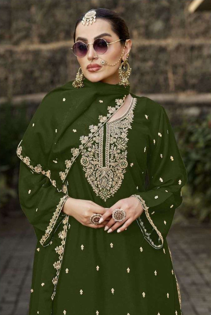 Pure Chinon Embroidered Palazzo Set – Gold Zari, Cutdana & Pearls | Bridal & Wedding Wear