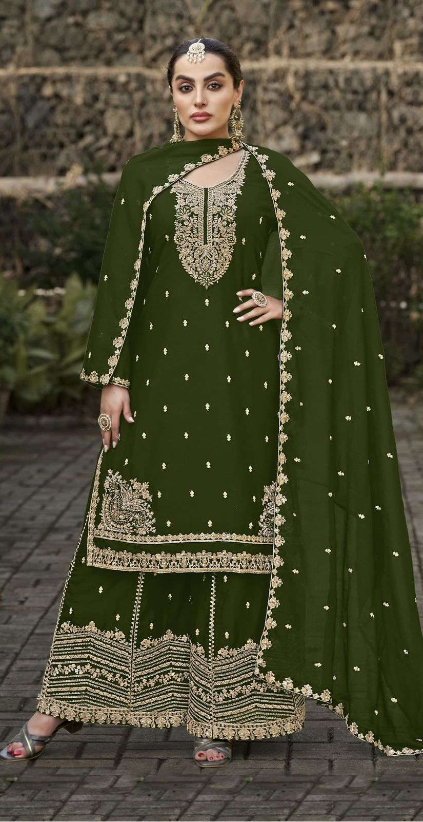Pure Chinon Embroidered Palazzo Set – Gold Zari, Cutdana & Pearls | Bridal & Wedding Wear