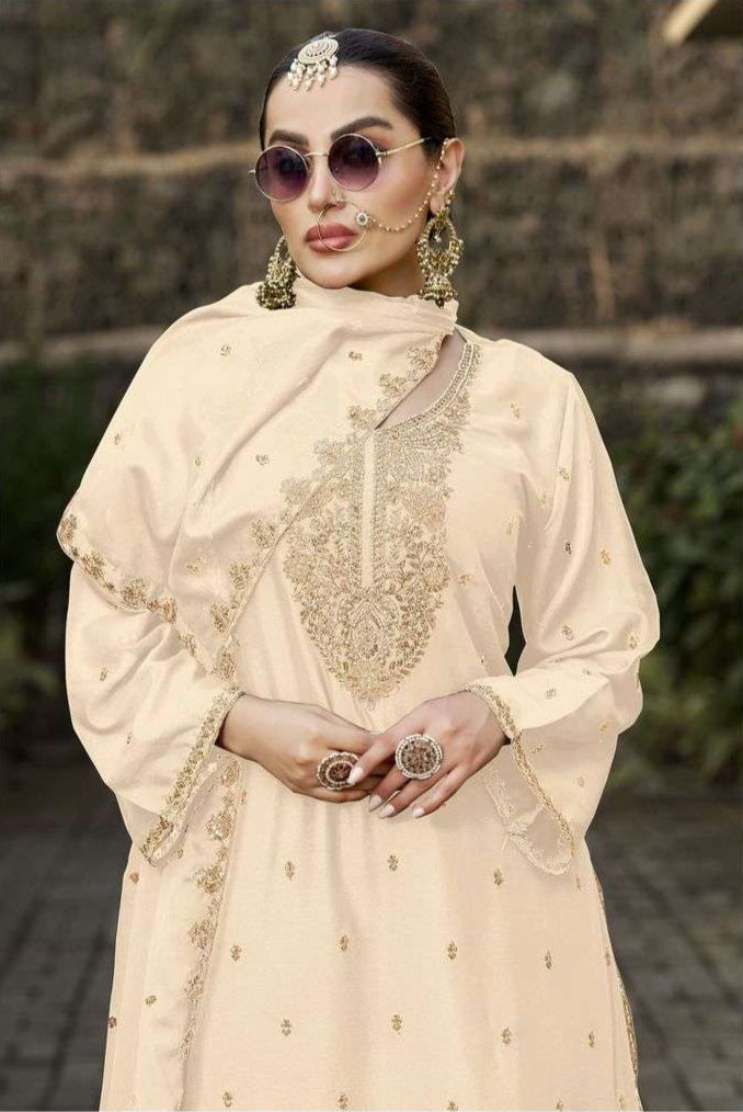 Pure Chinon Embroidered Palazzo Set – Gold Zari, Cutdana & Pearls | Bridal & Wedding Wear