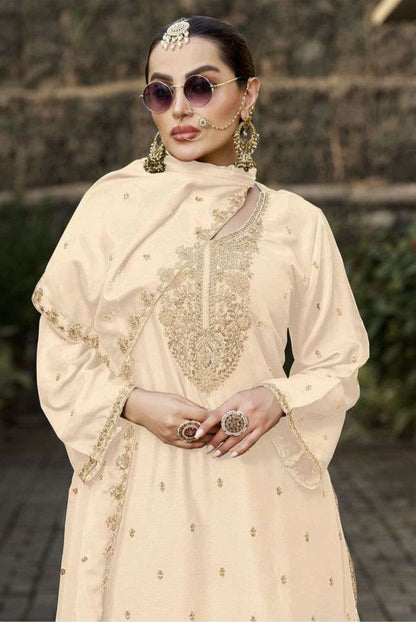 Pure Chinon Embroidered Palazzo Set – Gold Zari, Cutdana & Pearls | Bridal & Wedding Wear