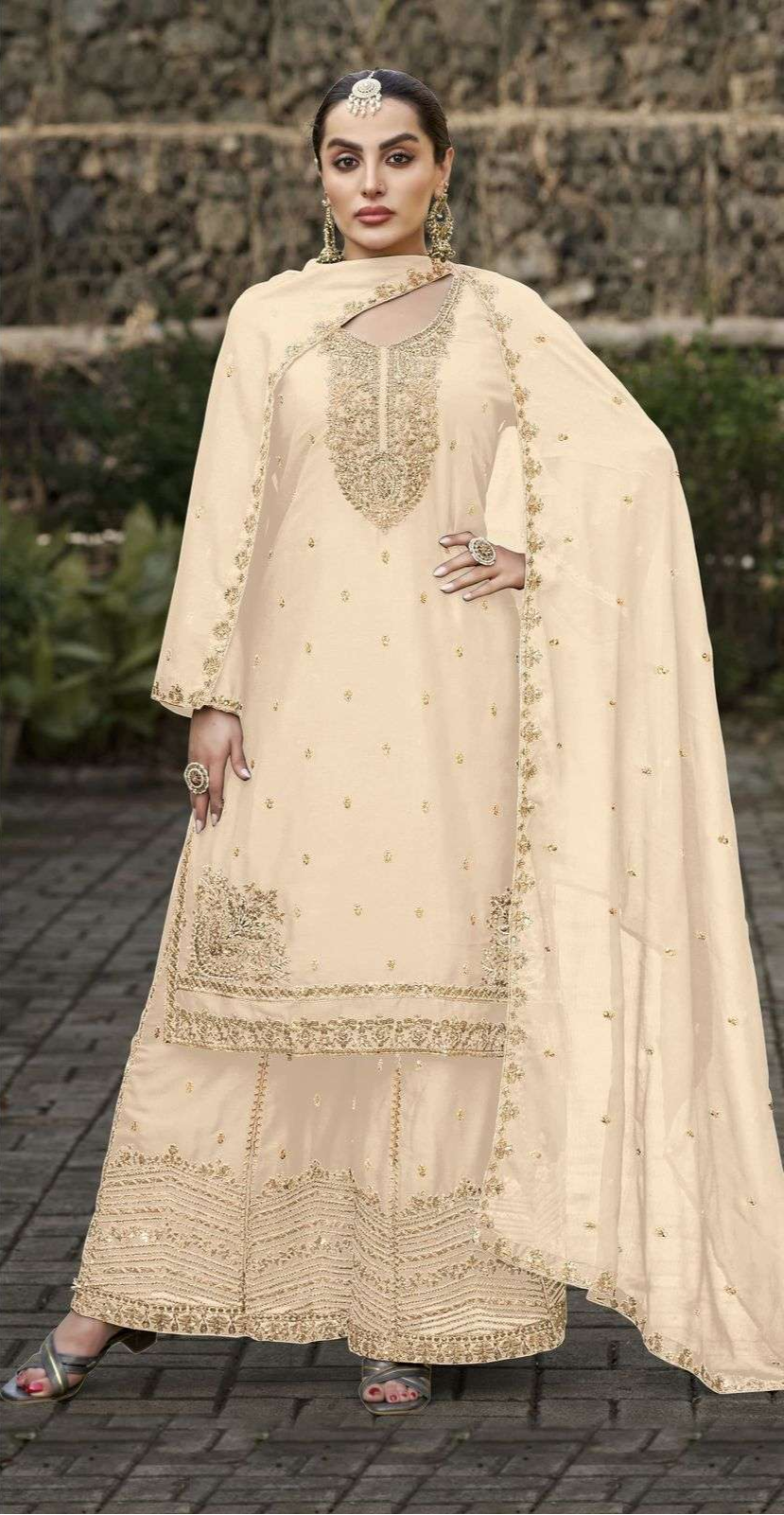 Pure Chinon Embroidered Palazzo Set – Gold Zari, Cutdana & Pearls | Bridal & Wedding Wear
