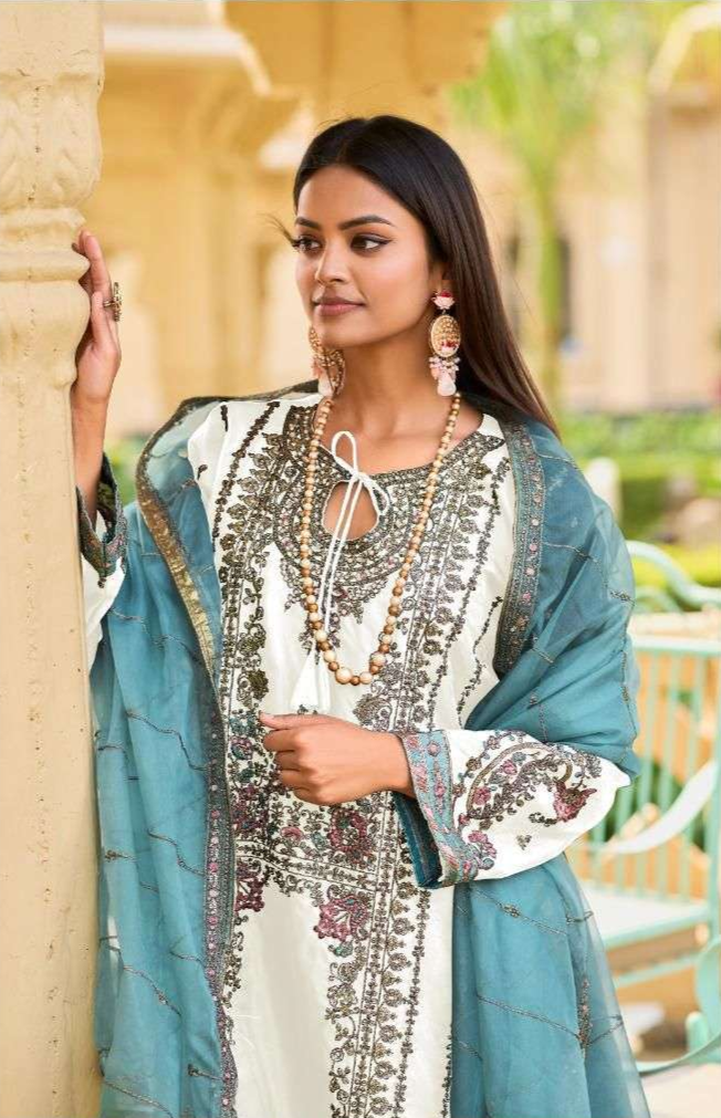 Luxury Organza Suit Set – Antique Gold Embroidery & Jarkand Stonework | Wedding Guest & Eid Wear
