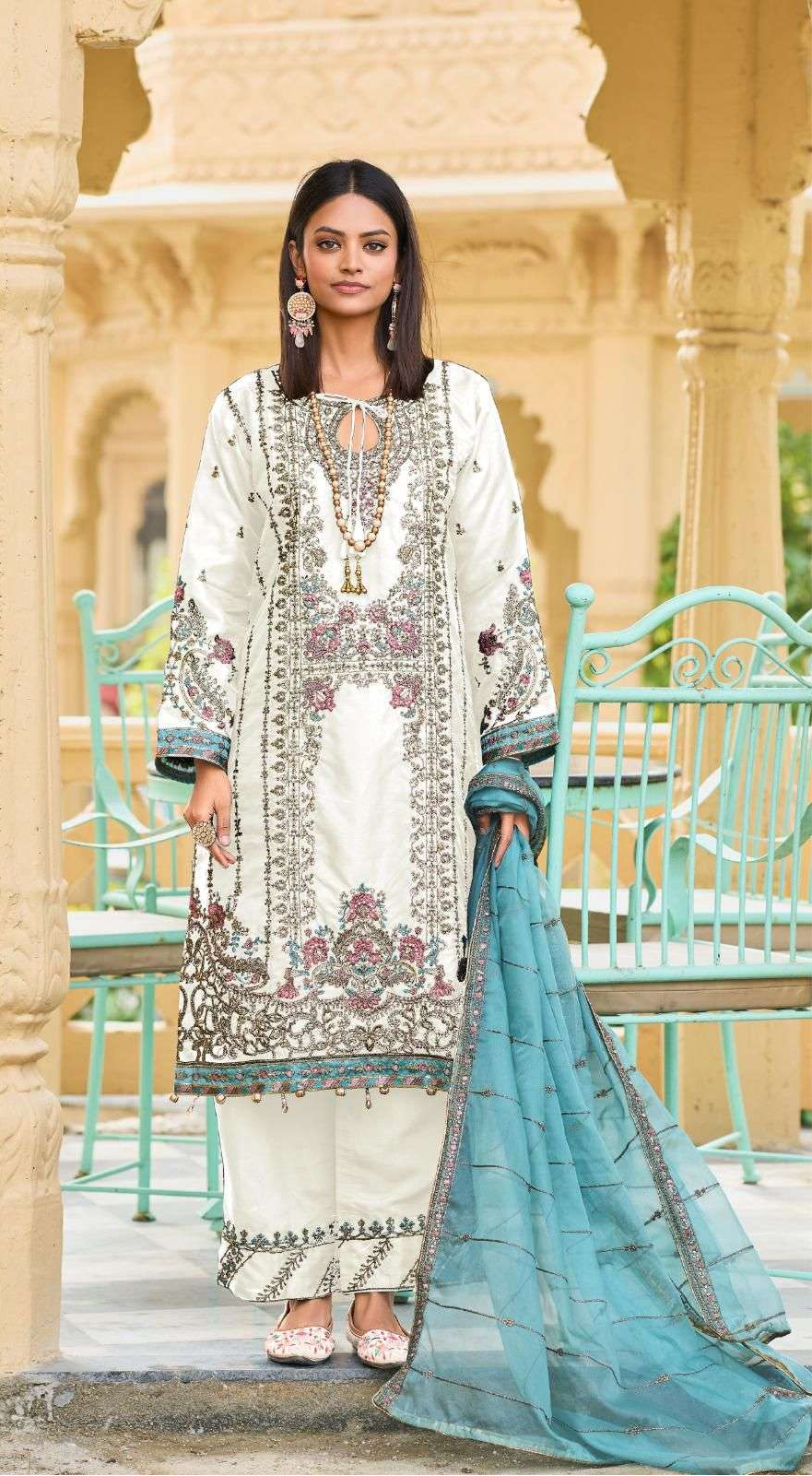 Luxury Organza Suit Set – Antique Gold Embroidery & Jarkand Stonework | Wedding Guest & Eid Wear