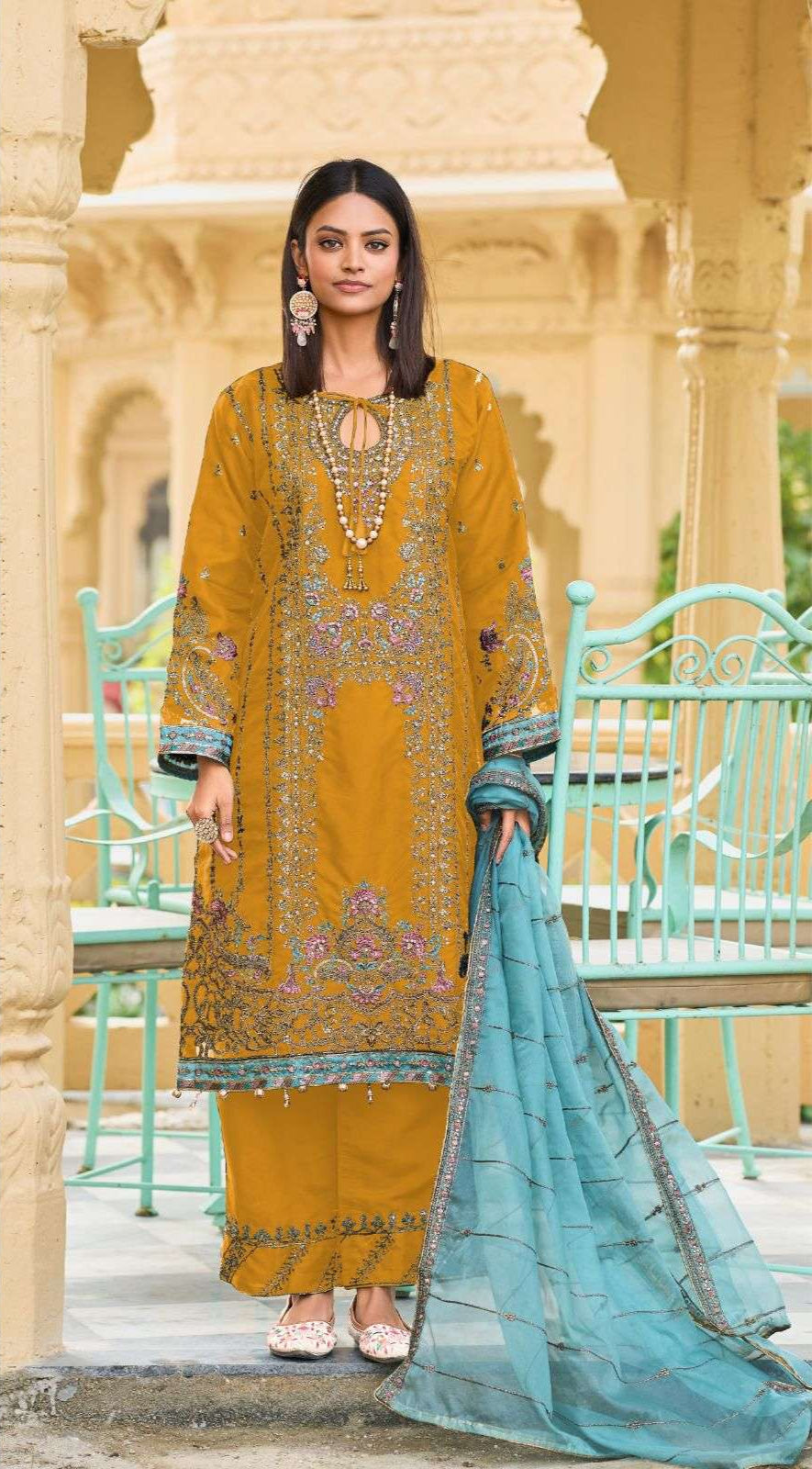 Luxury Organza Suit Set – Antique Gold Embroidery & Jarkand Stonework | Wedding Guest & Eid Wear