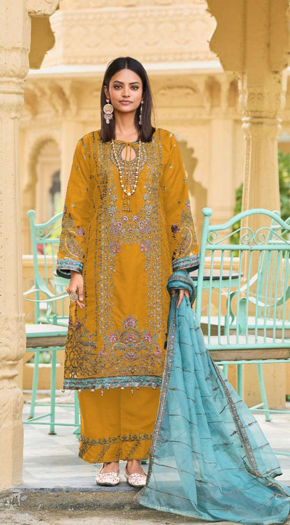 Luxury Organza Suit Set – Antique Gold Embroidery & Jarkand Stonework | Wedding Guest & Eid Wear