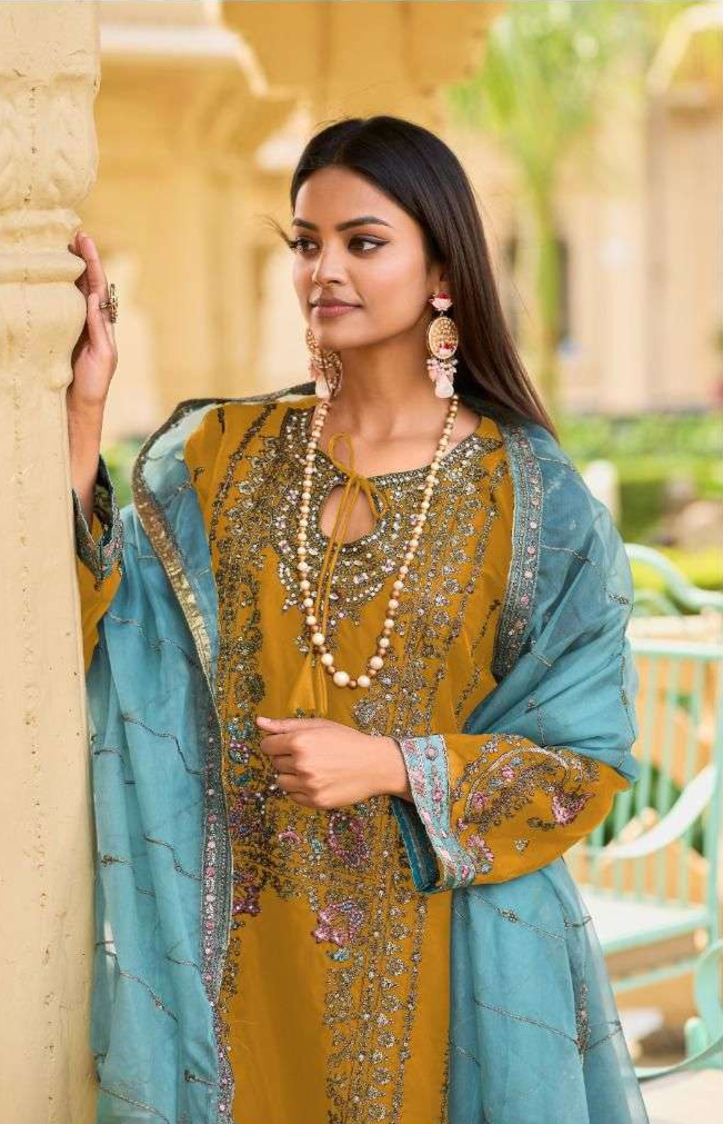 Luxury Organza Suit Set – Antique Gold Embroidery & Jarkand Stonework | Wedding Guest & Eid Wear