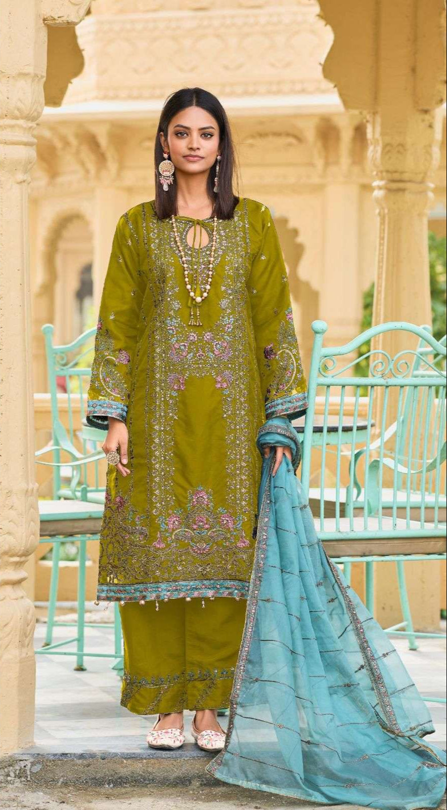 Luxury Organza Suit Set – Antique Gold Embroidery & Jarkand Stonework | Wedding Guest & Eid Wear