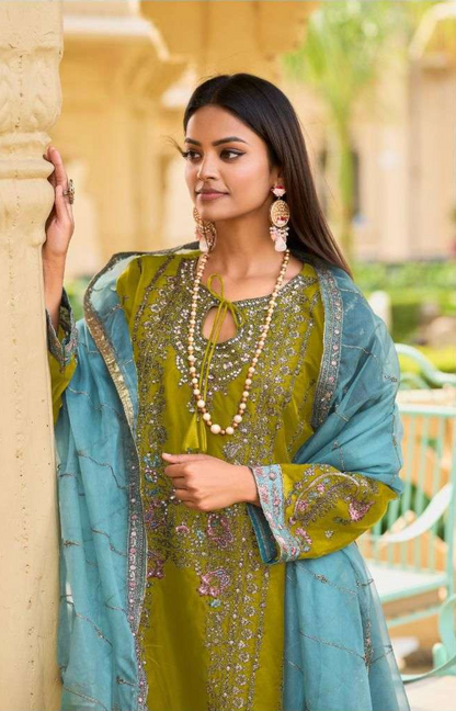 Luxury Organza Suit Set – Antique Gold Embroidery & Jarkand Stonework | Wedding Guest & Eid Wear