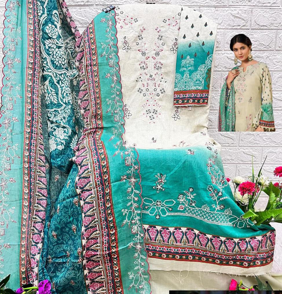 Heavy embroidered Suit with Embroidered Dupatta- Beige Green Ombre