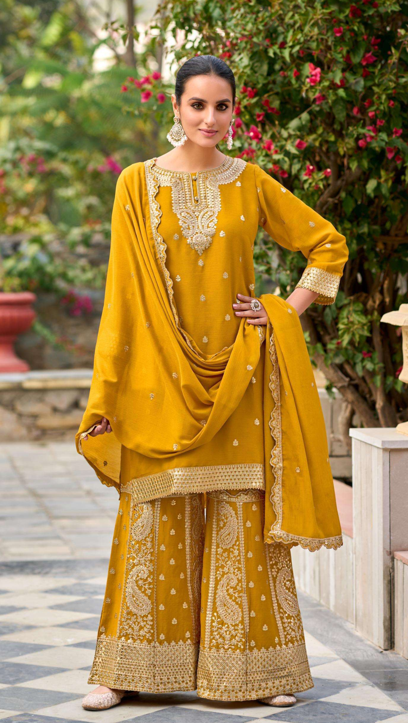 Pure Chinon Flared Palazzo Suit – Gota & Zari Embroidery | Eid 2025 & Bridal Trousseau
