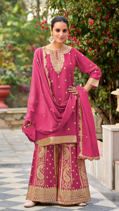 Pure Chinon Flared Palazzo Suit – Gota & Zari Embroidery | Eid 2025 & Bridal Trousseau