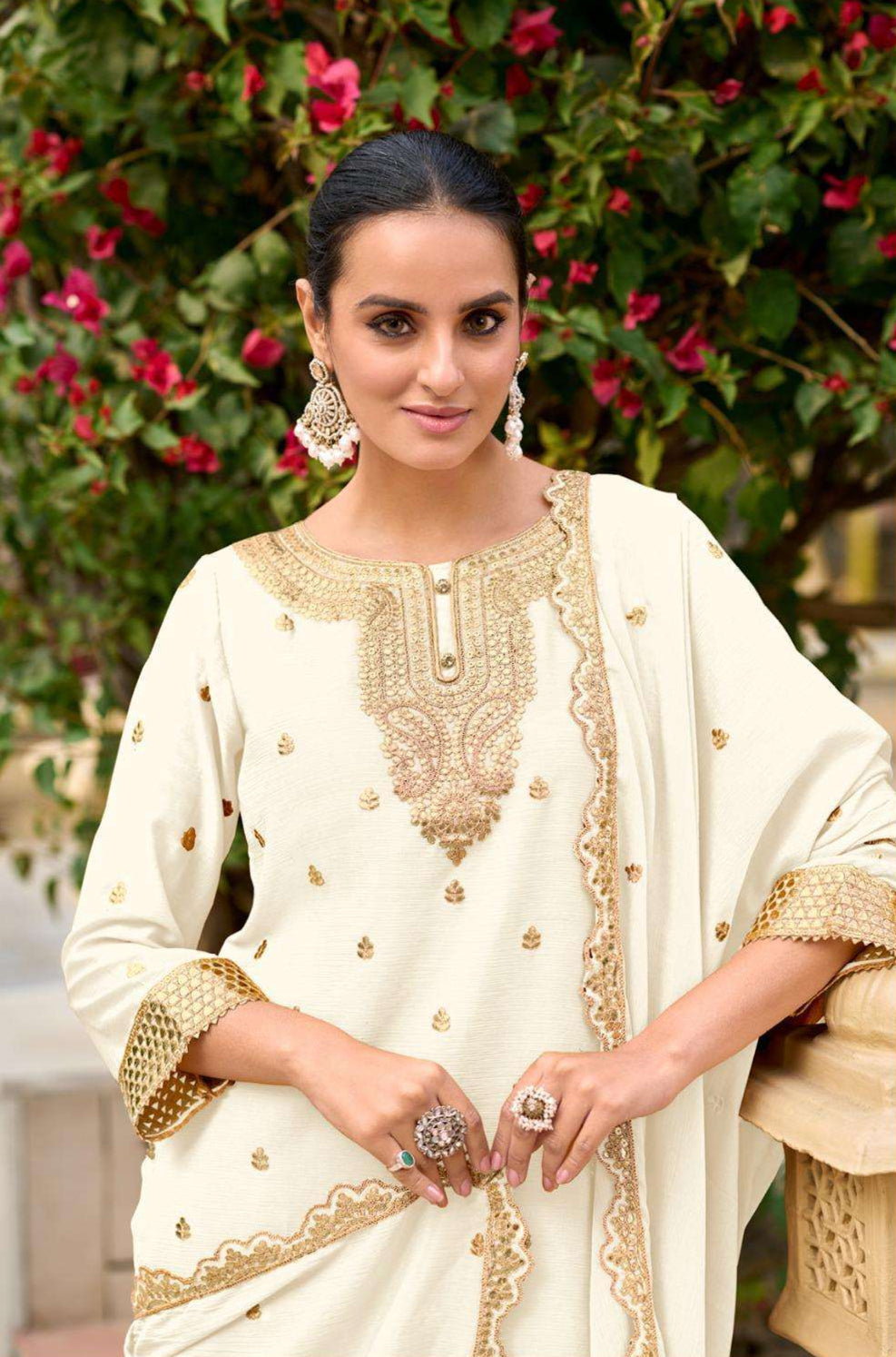 Pure Chinon Flared Palazzo Suit – Gota & Zari Embroidery | Eid 2025 & Bridal Trousseau