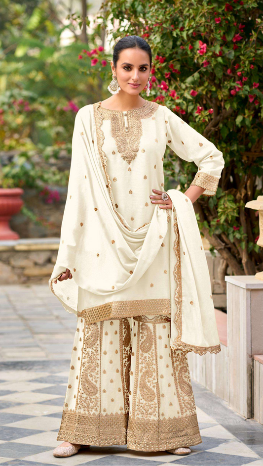 Pure Chinon Flared Palazzo Suit – Gota & Zari Embroidery | Eid 2025 & Bridal Trousseau