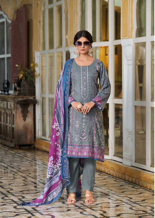 Heavy embroidered Suit with Embroidered Dupatta- Grey