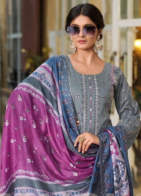 Heavy embroidered Suit with Embroidered Dupatta- Grey