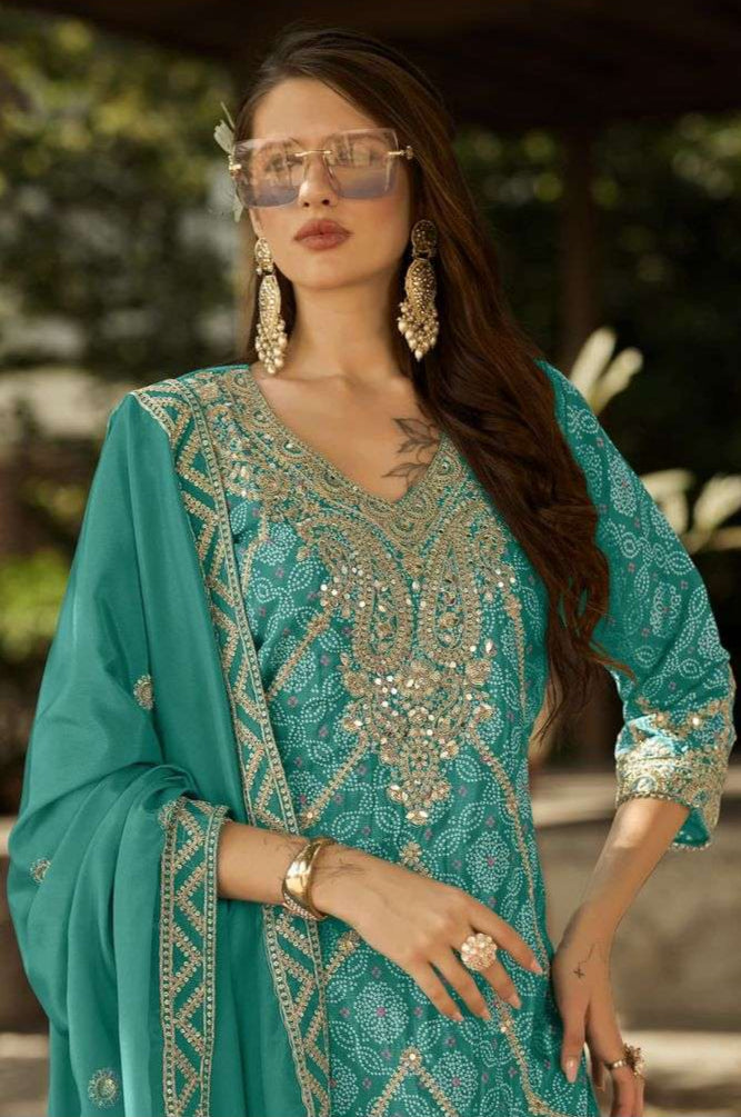 Pure Chinon Bandhani Palazzo Set – Zari & Mirror Embroidery | Mehndi & Bridal Outfit