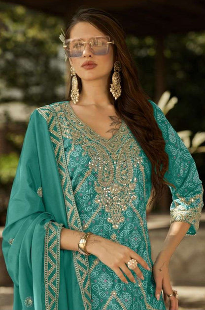 Pure Chinon Bandhani Palazzo Set – Zari & Mirror Embroidery | Mehndi & Bridal Outfit