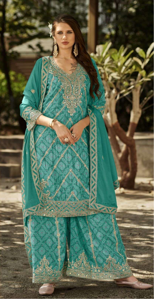 Pure Chinon Bandhani Palazzo Set – Zari & Mirror Embroidery | Mehndi & Bridal Outfit