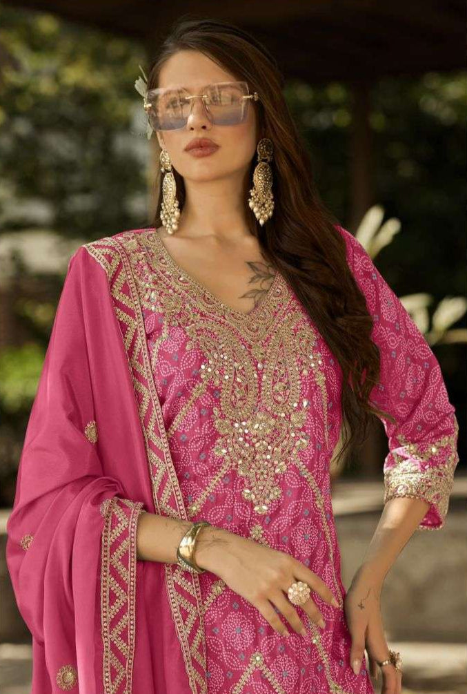 Pure Chinon Bandhani Palazzo Set – Zari & Mirror Embroidery | Mehndi & Bridal Outfit