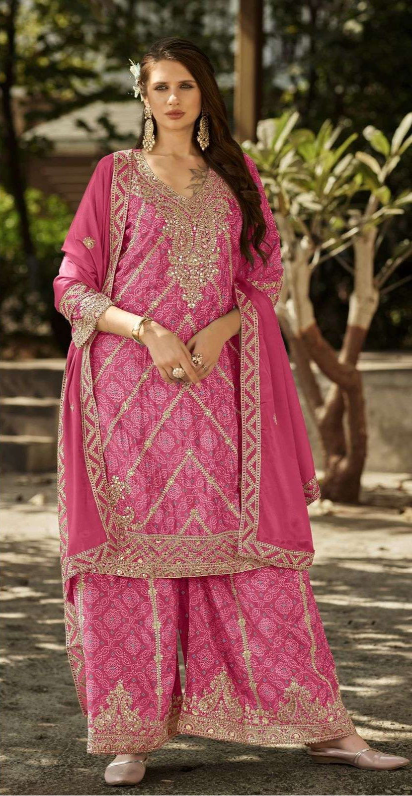 Pure Chinon Bandhani Palazzo Set – Zari & Mirror Embroidery | Mehndi & Bridal Outfit