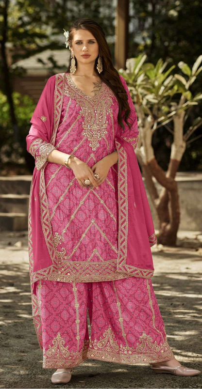 Pure Chinon Bandhani Palazzo Set – Zari & Mirror Embroidery | Mehndi & Bridal Outfit