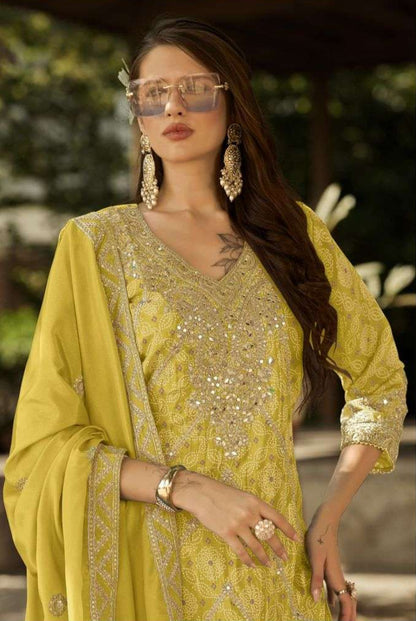 Pure Chinon Bandhani Palazzo Set – Zari & Mirror Embroidery | Mehndi & Bridal Outfit