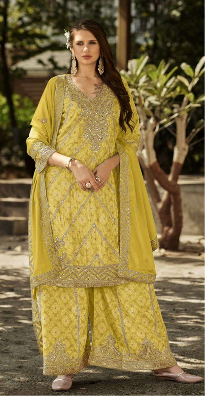 Pure Chinon Bandhani Palazzo Set – Zari & Mirror Embroidery | Mehndi & Bridal Outfit